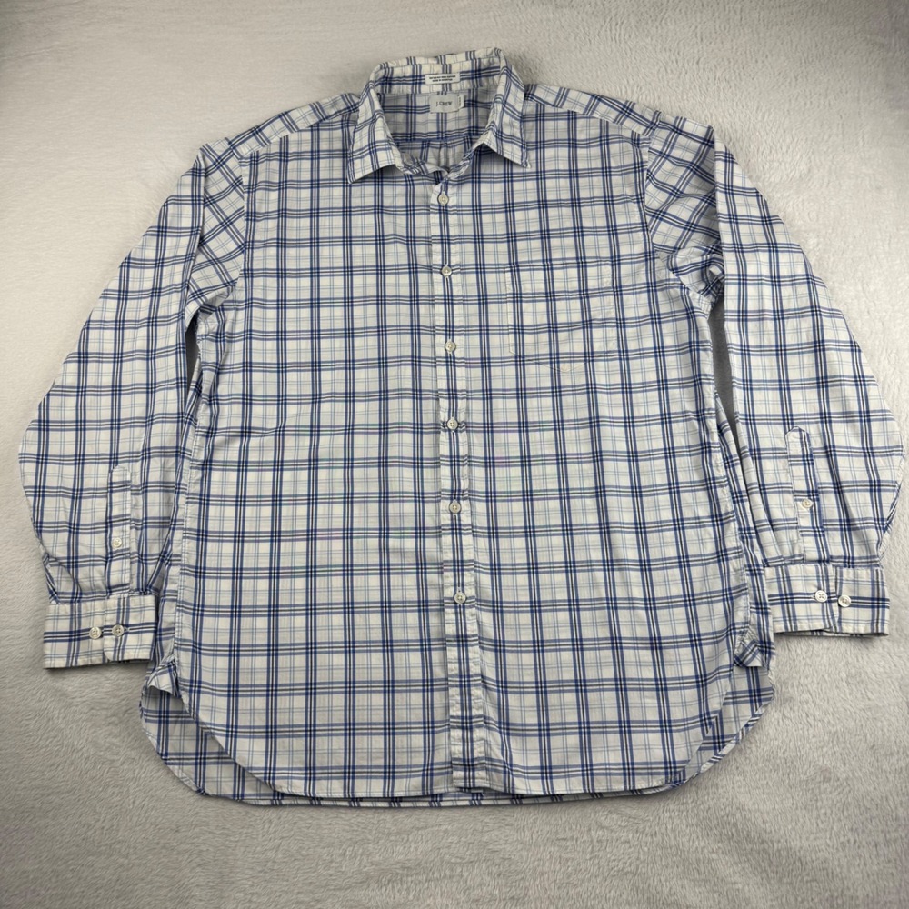 J.Crew Button Down Shirt Mens L Blue White Plaid 100s 2-Ply Cotton Long Sleeve
